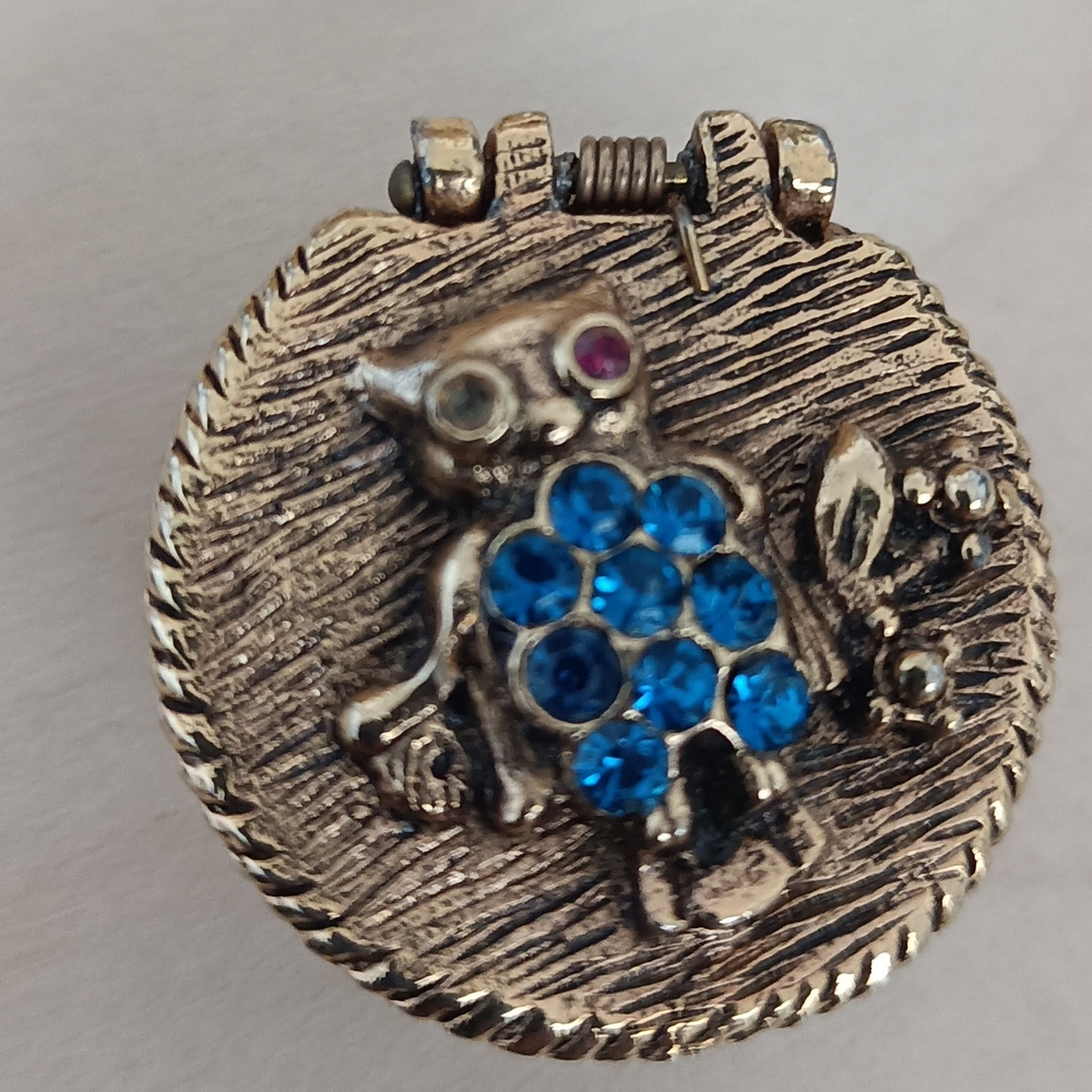 Vintage Gold-Tone Owl Trinket Box with Bright Blue Crystal Accents